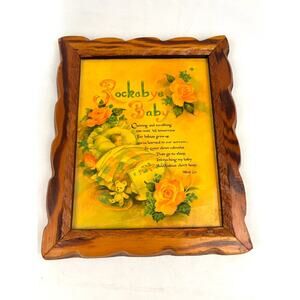 Vintage 1970's Rockabye Baby Wooden Plaque Frame Nursery Art Wall Decor 9"x11"